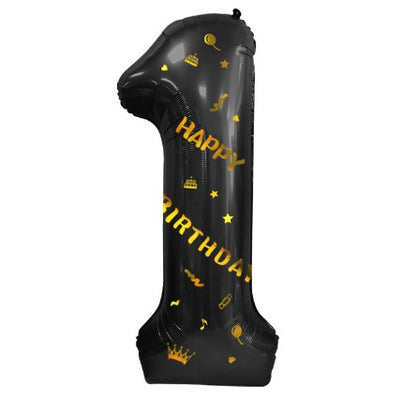 Balon din Folie Metalizata, Figurina Cifra, Scris Happy Birthday, Tema Aniversare 100 cm, Ambalaj Individual, Pai inclus, Umflare cu Aer sau Heliu, Negru, Cifra 1