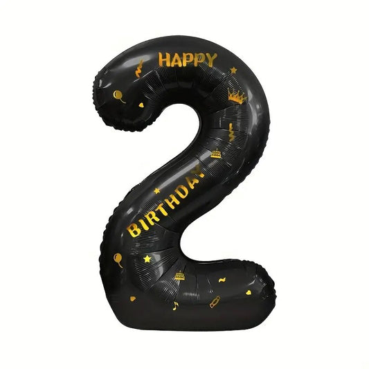 Balon din Folie Metalizata, Figurina Cifra, Scris Happy Birthday, Tema Aniversare 100 cm, Ambalaj Individual, Pai inclus, Umflare cu Aer sau Heliu, Negru, Cifra 2