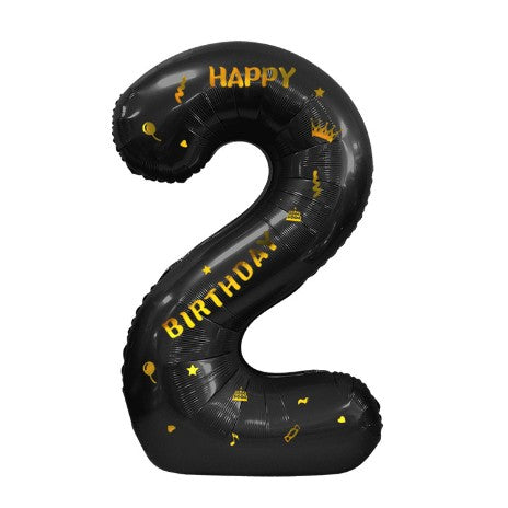 Balon din Folie Metalizata, Figurina Cifra, Scris Happy Birthday, Tema Aniversare 100 cm, Ambalaj Individual, Pai inclus, Umflare cu Aer sau Heliu, Negru, Cifra 2