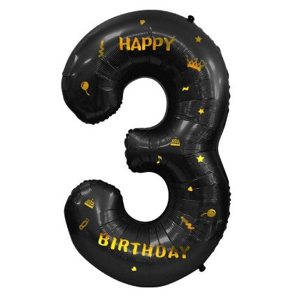 Balon din Folie Metalizata, Figurina Cifra, Scris Happy Birthday, Tema Aniversare 100 cm, Ambalaj Individual, Pai inclus, Umflare cu Aer sau Heliu, Negru, Cifra 3