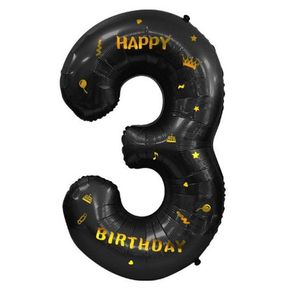 Balon din Folie Metalizata, Figurina Cifra, Scris Happy Birthday, Tema Aniversare 100 cm, Ambalaj Individual, Pai inclus, Umflare cu Aer sau Heliu, Negru, Cifra 3