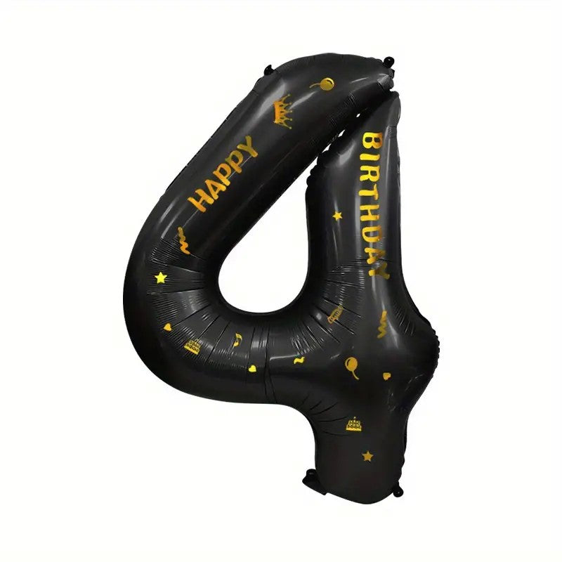Balon din Folie Metalizata, Figurina Cifra, Scris Happy Birthday, Tema Aniversare 100 cm, Ambalaj Individual, Pai inclus, Umflare cu Aer sau Heliu, Negru, Cifra 4