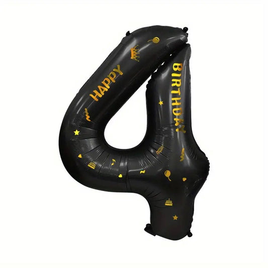 Balon din Folie Metalizata, Figurina Cifra, Scris Happy Birthday, Tema Aniversare 100 cm, Ambalaj Individual, Pai inclus, Umflare cu Aer sau Heliu, Negru, Cifra 4