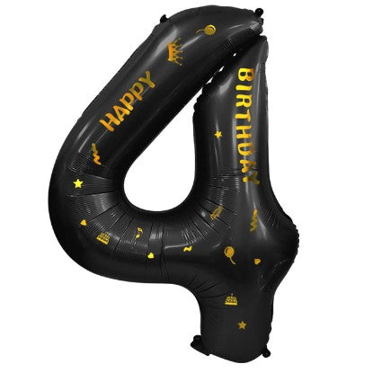 Balon din Folie Metalizata, Figurina Cifra, Scris Happy Birthday, Tema Aniversare 100 cm, Ambalaj Individual, Pai inclus, Umflare cu Aer sau Heliu, Negru, Cifra 4