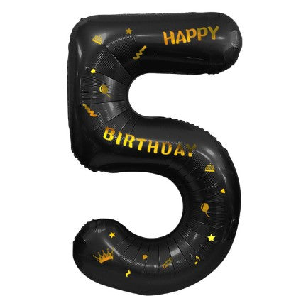 Balon din Folie Metalizata, Figurina Cifra, Scris Happy Birthday, Tema Aniversare 100 cm, Ambalaj Individual, Pai inclus, Umflare cu Aer sau Heliu, Negru, Cifra 5