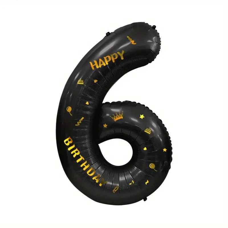 Balon din Folie Metalizata, Figurina Cifra, Scris Happy Birthday, Tema Aniversare 100 cm, Ambalaj Individual, Pai inclus, Umflare cu Aer sau Heliu, Negru, Cifra 6