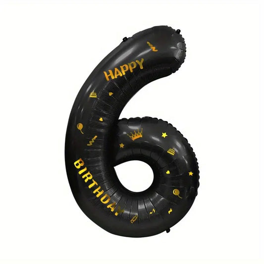 Balon din Folie Metalizata, Figurina Cifra, Scris Happy Birthday, Tema Aniversare 100 cm, Ambalaj Individual, Pai inclus, Umflare cu Aer sau Heliu, Negru, Cifra 6