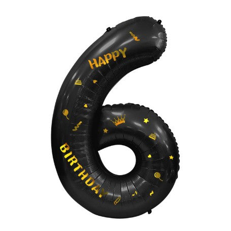Balon din Folie Metalizata, Figurina Cifra, Scris Happy Birthday, Tema Aniversare 100 cm, Ambalaj Individual, Pai inclus, Umflare cu Aer sau Heliu, Negru, Cifra 6