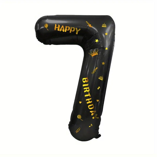 Balon din Folie Metalizata, Figurina Cifra, Scris Happy Birthday, Tema Aniversare 100 cm, Ambalaj Individual, Pai inclus, Umflare cu Aer sau Heliu, Negru, Cifra 7