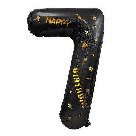 Balon din Folie Metalizata, Figurina Cifra, Scris Happy Birthday, Tema Aniversare 100 cm, Ambalaj Individual, Pai inclus, Umflare cu Aer sau Heliu, Negru, Cifra 7