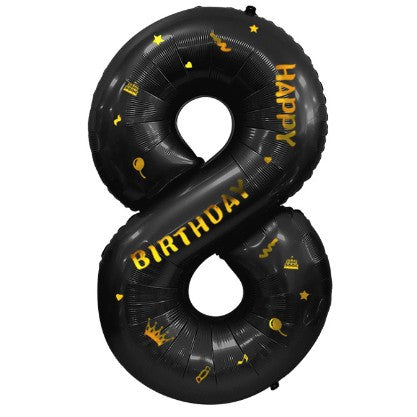 Balon din Folie Metalizata, Figurina Cifra, Scris Happy Birthday, Tema Aniversare 100 cm, Ambalaj Individual, Pai inclus, Umflare cu Aer sau Heliu, Negru, Cifra 8