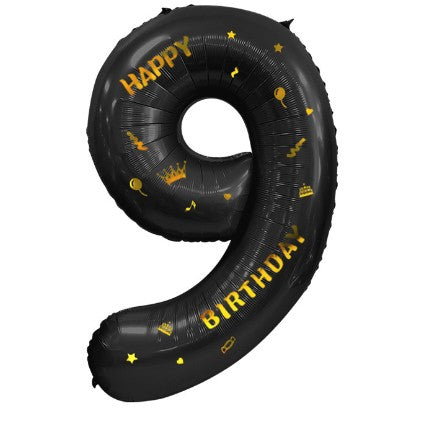 Balon din Folie Metalizata, Figurina Cifra, Scris Happy Birthday, Tema Aniversare 100 cm, Ambalaj Individual, Pai inclus, Umflare cu Aer sau Heliu, Negru, Cifra 9