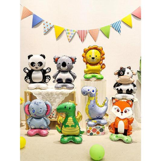 Balon din Folie Metalizata, Mini Figurine Animalute, Model Leu, Tematica Aniversare, 39x58 cm, Ambalaj Individual, Pai Inclus, Umflare cu Aer sau Heliu, Multicolor