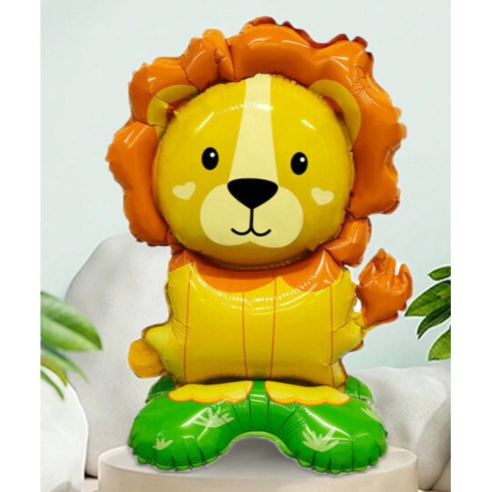 Balon din Folie Metalizata, Mini Figurine Animalute, Model Leu, Tematica Aniversare, 39x58 cm, Ambalaj Individual, Pai Inclus, Umflare cu Aer sau Heliu, Multicolor