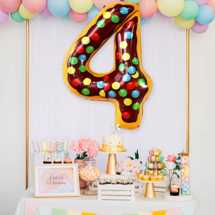 Balon din Folie Metalizata, Figurina Cifra, Imprimeu Gogosi, Tema Aniversare 100 cm, Ambalaj Individual, Pai inclus, Umflare cu Aer sau Heliu, Multicolor, Cifra 4