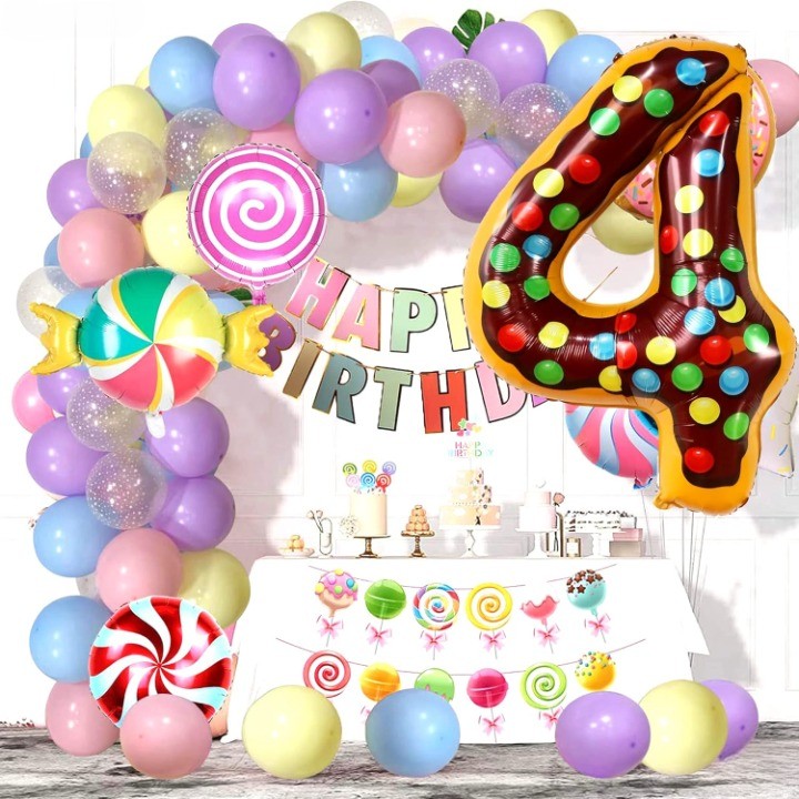 Balon din Folie Metalizata, Figurina Cifra, Imprimeu Gogosi, Tema Aniversare 100 cm, Ambalaj Individual, Pai inclus, Umflare cu Aer sau Heliu, Multicolor, Cifra 4