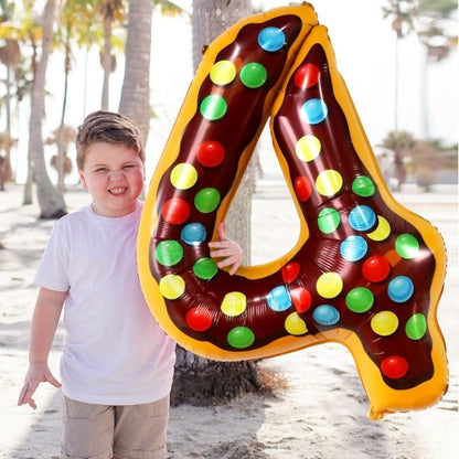 Balon din Folie Metalizata, Figurina Cifra, Imprimeu Gogosi, Tema Aniversare 100 cm, Ambalaj Individual, Pai inclus, Umflare cu Aer sau Heliu, Multicolor, Cifra 4