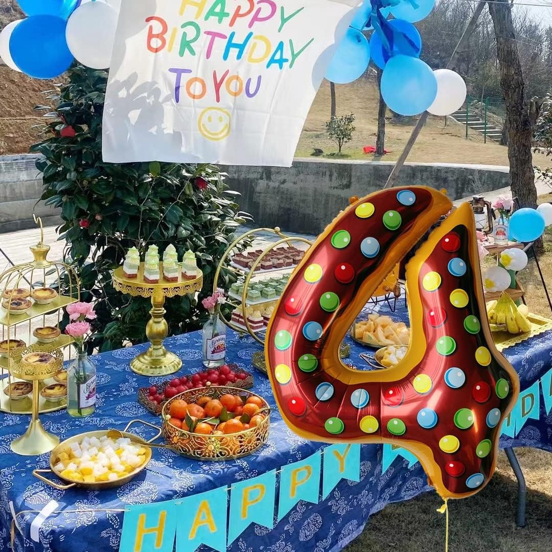 Balon din Folie Metalizata, Figurina Cifra, Imprimeu Gogosi, Tema Aniversare 100 cm, Ambalaj Individual, Pai inclus, Umflare cu Aer sau Heliu, Multicolor, Cifra 4