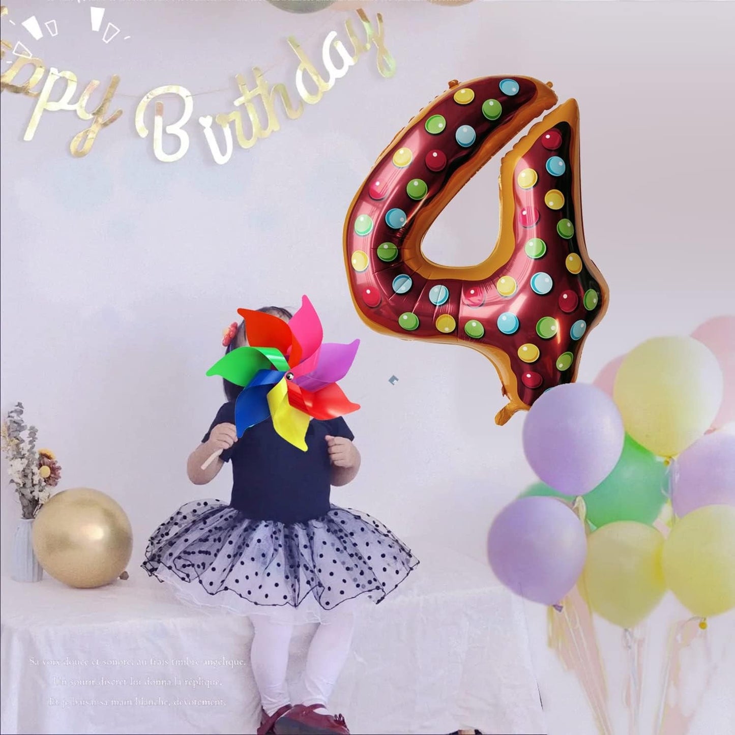Balon din Folie Metalizata, Figurina Cifra, Imprimeu Gogosi, Tema Aniversare 100 cm, Ambalaj Individual, Pai inclus, Umflare cu Aer sau Heliu, Multicolor, Cifra 4