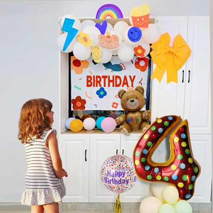 Balon din Folie Metalizata, Figurina Cifra, Imprimeu Gogosi, Tema Aniversare 100 cm, Ambalaj Individual, Pai inclus, Umflare cu Aer sau Heliu, Multicolor, Cifra 4