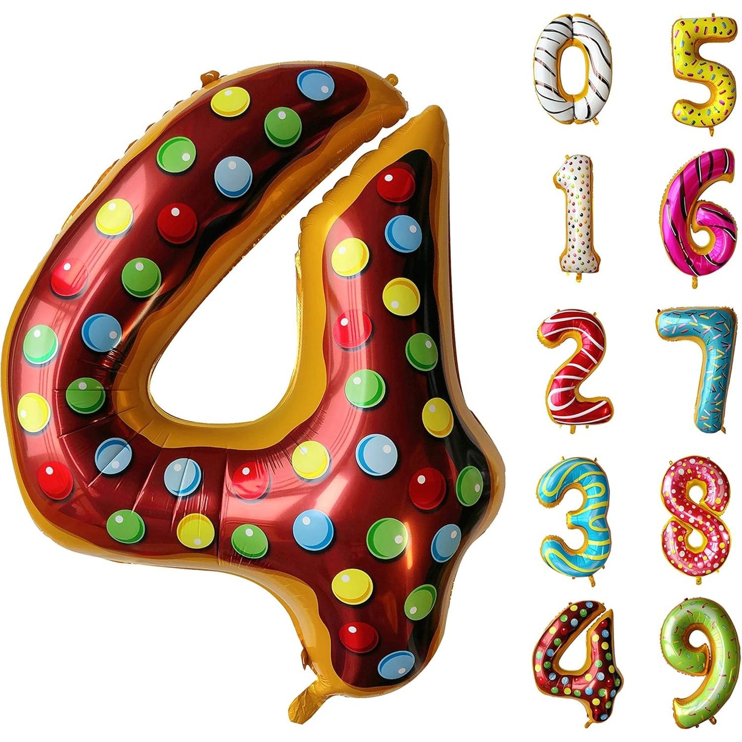 Balon din Folie Metalizata, Figurina Cifra, Imprimeu Gogosi, Tema Aniversare 100 cm, Ambalaj Individual, Pai inclus, Umflare cu Aer sau Heliu, Multicolor, Cifra 4