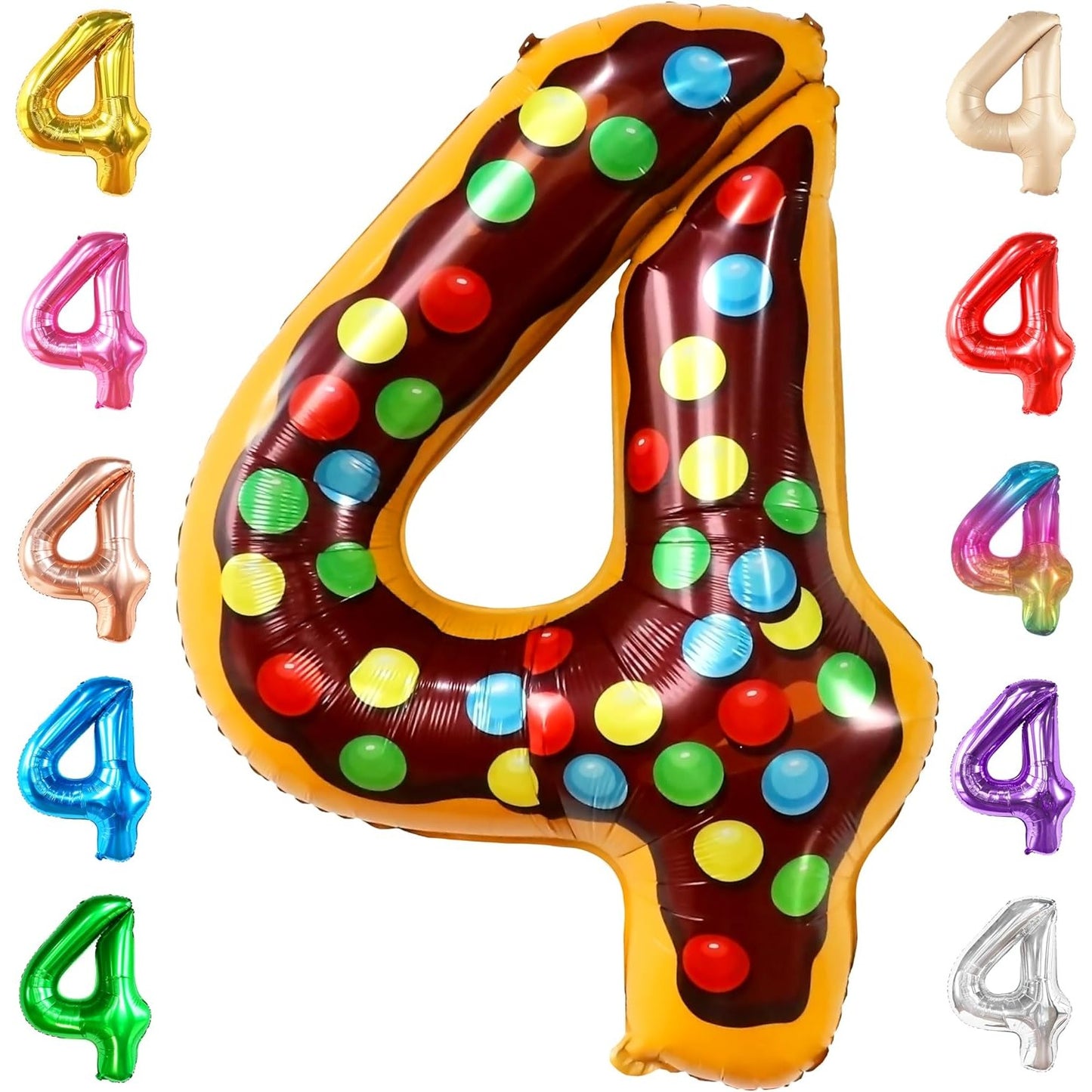 Balon din Folie Metalizata, Figurina Cifra, Imprimeu Gogosi, Tema Aniversare 100 cm, Ambalaj Individual, Pai inclus, Umflare cu Aer sau Heliu, Multicolor, Cifra 4
