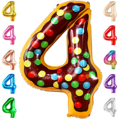 Balon din Folie Metalizata, Figurina Cifra, Imprimeu Gogosi, Tema Aniversare 100 cm, Ambalaj Individual, Pai inclus, Umflare cu Aer sau Heliu, Multicolor, Cifra 4