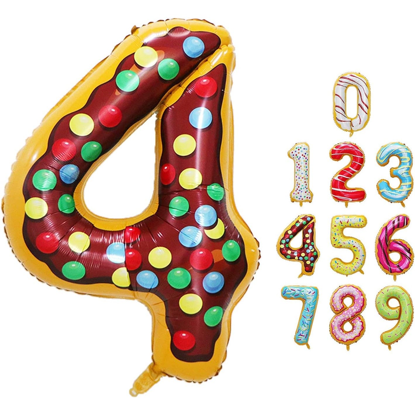 Balon din Folie Metalizata, Figurina Cifra, Imprimeu Gogosi, Tema Aniversare 100 cm, Ambalaj Individual, Pai inclus, Umflare cu Aer sau Heliu, Multicolor, Cifra 4
