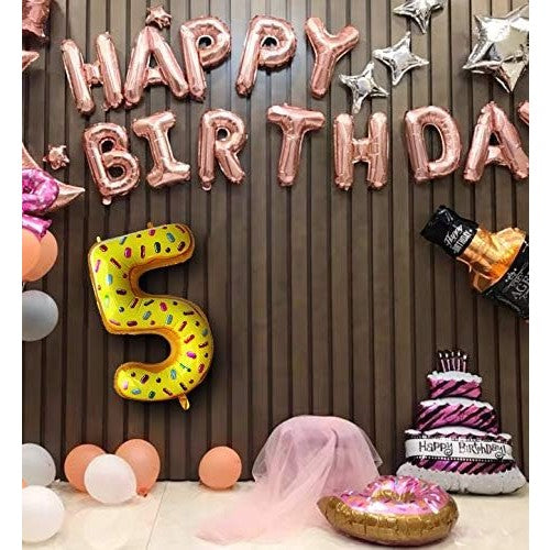 Balon din Folie Metalizata, Figurina Cifra, Imprimeu Gogosi, Tema Aniversare 100 cm, Ambalaj Individual, Pai inclus, Umflare cu Aer sau Heliu, Multicolor, Cifra 5