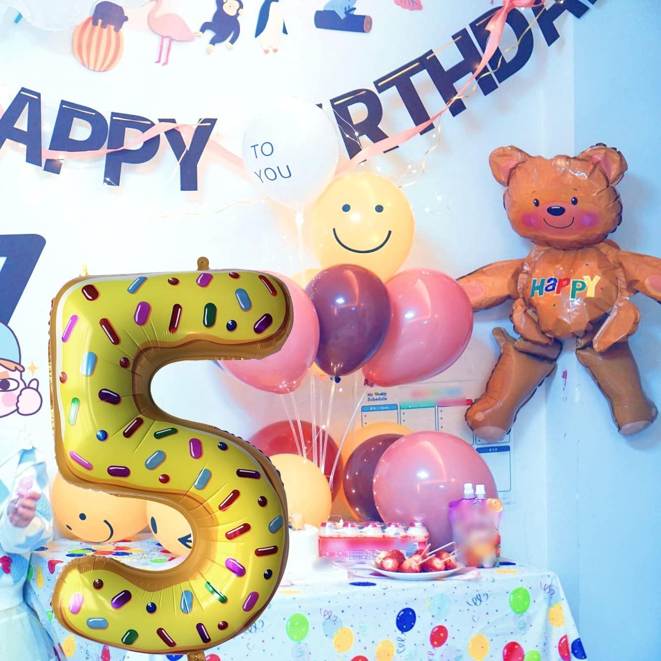 Balon din Folie Metalizata, Figurina Cifra, Imprimeu Gogosi, Tema Aniversare 100 cm, Ambalaj Individual, Pai inclus, Umflare cu Aer sau Heliu, Multicolor, Cifra 5