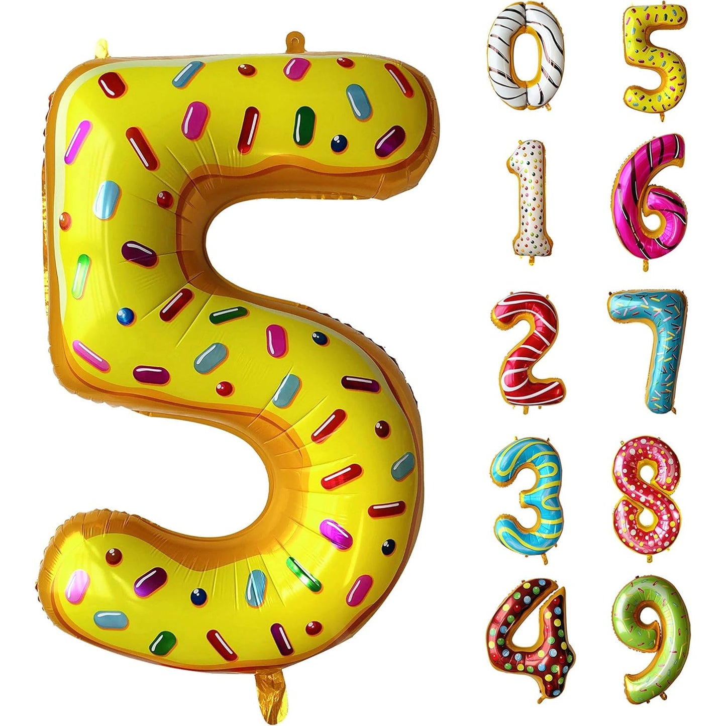 Balon din Folie Metalizata, Figurina Cifra, Imprimeu Gogosi, Tema Aniversare 100 cm, Ambalaj Individual, Pai inclus, Umflare cu Aer sau Heliu, Multicolor, Cifra 5