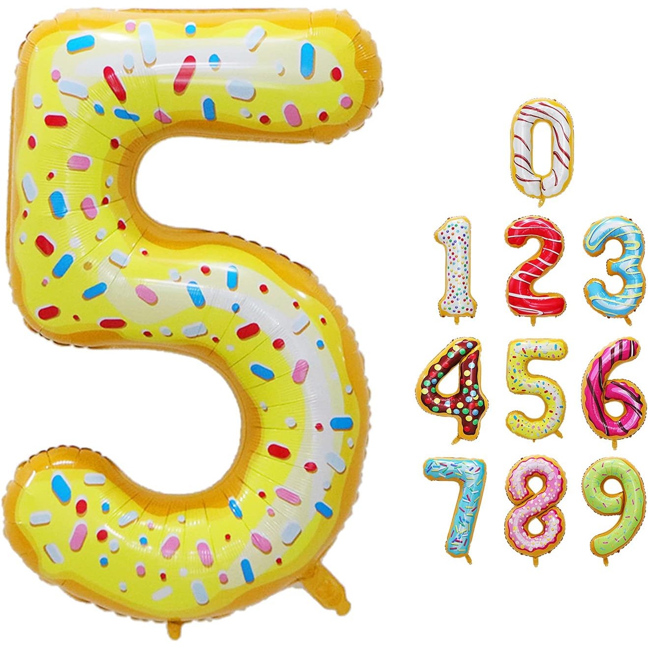 Balon din Folie Metalizata, Figurina Cifra, Imprimeu Gogosi, Tema Aniversare 100 cm, Ambalaj Individual, Pai inclus, Umflare cu Aer sau Heliu, Multicolor, Cifra 5