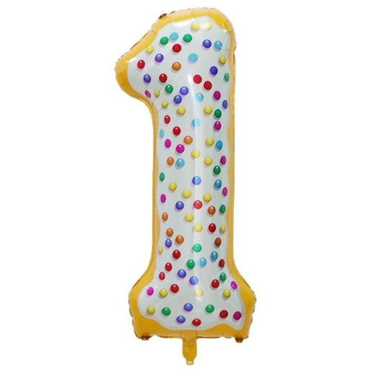 Balon din Folie Metalizata, Figurina Cifra, Model Candy, Tema Aniversare 100 cm, Ambalaj Individual, Pai inclus, Umflare cu Aer sau Heliu, Multicolor, Cifra 1