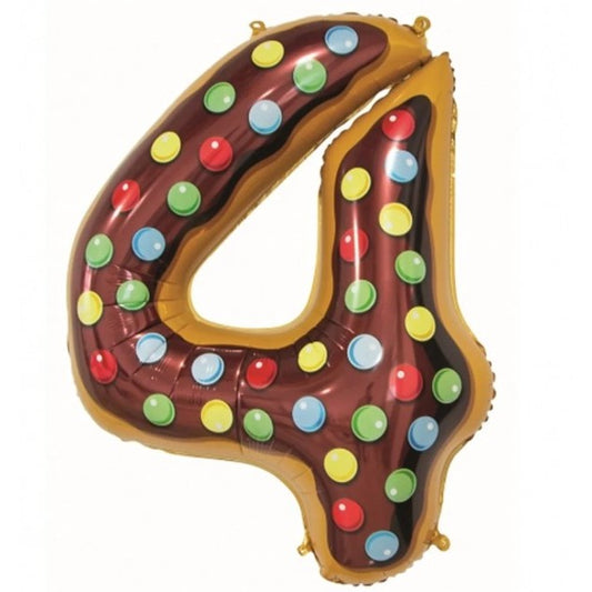 Balon din Folie Metalizata, Figurina Cifra, Imprimeu Gogosi, Tema Aniversare 100 cm, Ambalaj Individual, Pai inclus, Umflare cu Aer sau Heliu, Multicolor, Cifra 4