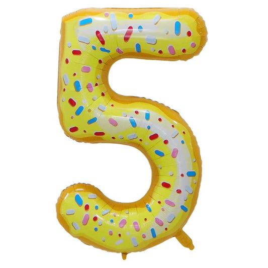 Balon din Folie Metalizata, Figurina Cifra, Imprimeu Gogosi, Tema Aniversare 100 cm, Ambalaj Individual, Pai inclus, Umflare cu Aer sau Heliu, Multicolor, Cifra 5