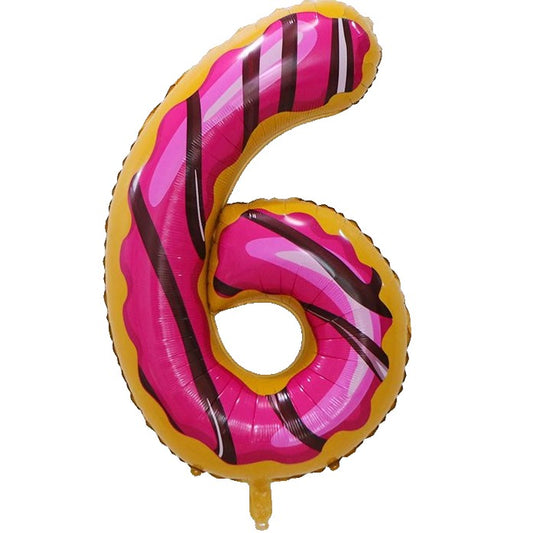 Balon din Folie Metalizata, Figurina Cifra, Imprimeu Gogosi, Tema Aniversare 100 cm, Ambalaj Individual, Pai inclus, Umflare cu Aer sau Heliu, Multicolor, Cifra 6
