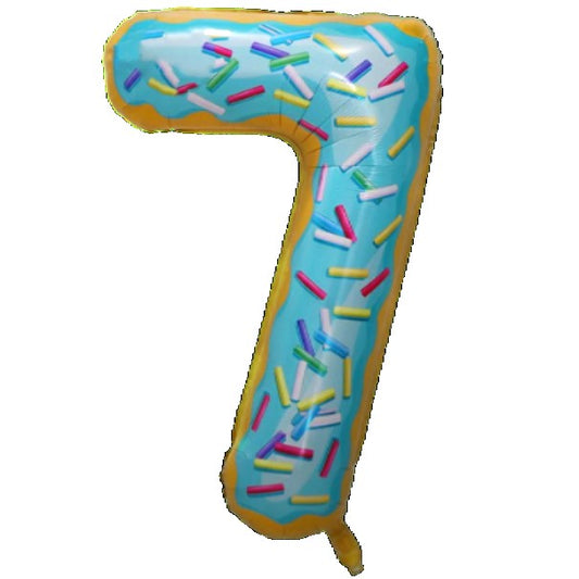 Balon din Folie Metalizata, Figurina Cifra, Imprimeu Gogosi, Tema Aniversare 100 cm, Ambalaj Individual, Pai inclus, Umflare cu Aer sau Heliu, Multicolor, Cifra 7