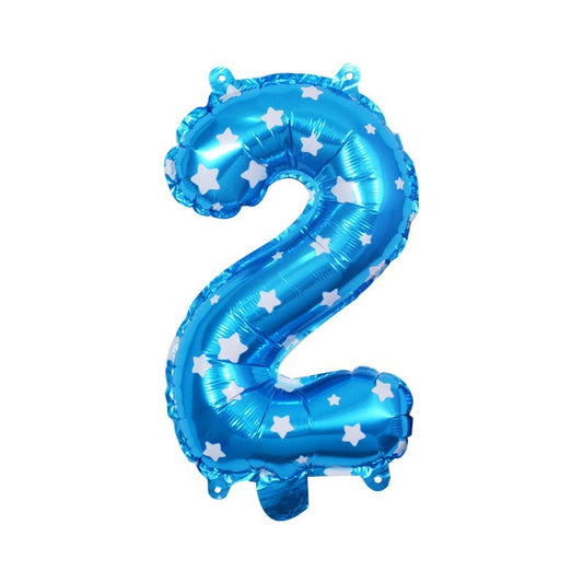 Balon din Folie Metalizata, Figurina Cifra, Imprimeu Stele, Tema Aniversare 80 cm, Ambalaj Individual, Pai inclus, Umflare cu Aer sau Heliu, Albastru, Cifra 2