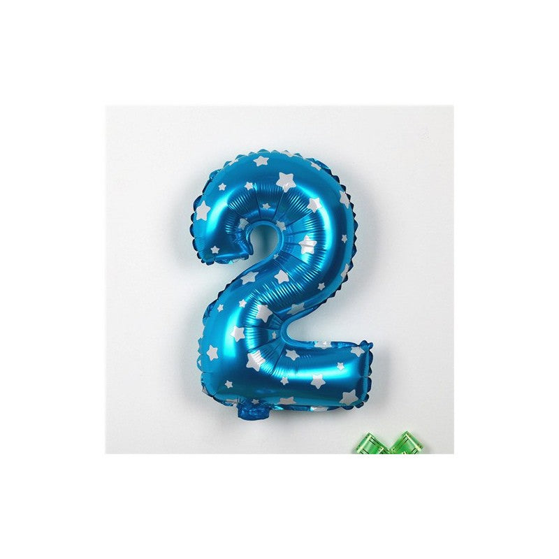 Balon din Folie Metalizata, Figurina Cifra, Imprimeu Stele, Tema Aniversare 80 cm, Ambalaj Individual, Pai inclus, Umflare cu Aer sau Heliu, Albastru, Cifra 2