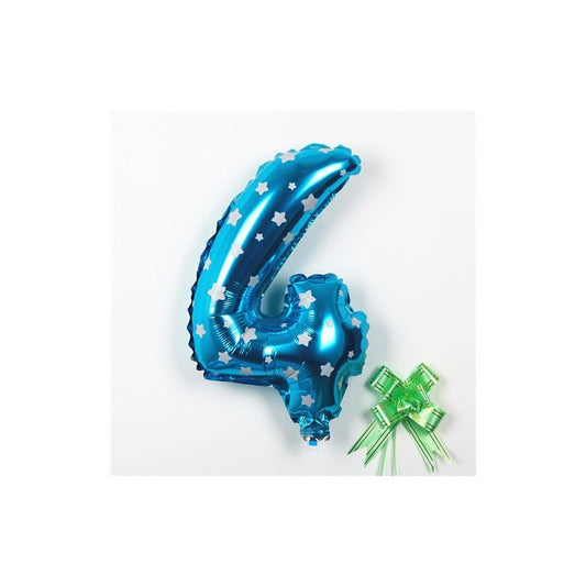 Balon din Folie Metalizata, Figurina Cifra, Imprimeu Stele, Tema Aniversare 80 cm, Ambalaj Individual, Pai inclus, Umflare cu Aer sau Heliu, Albastru, Cifra 4