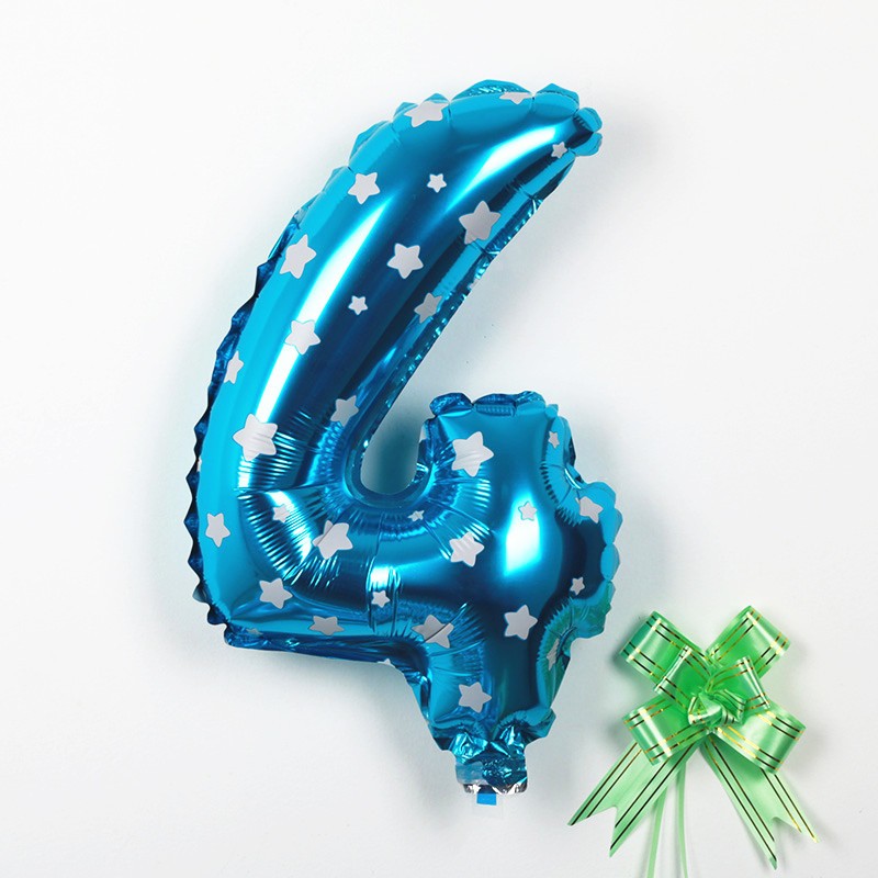 Balon din Folie Metalizata, Figurina Cifra, Imprimeu Stele, Tema Aniversare 80 cm, Ambalaj Individual, Pai inclus, Umflare cu Aer sau Heliu, Albastru, Cifra 4