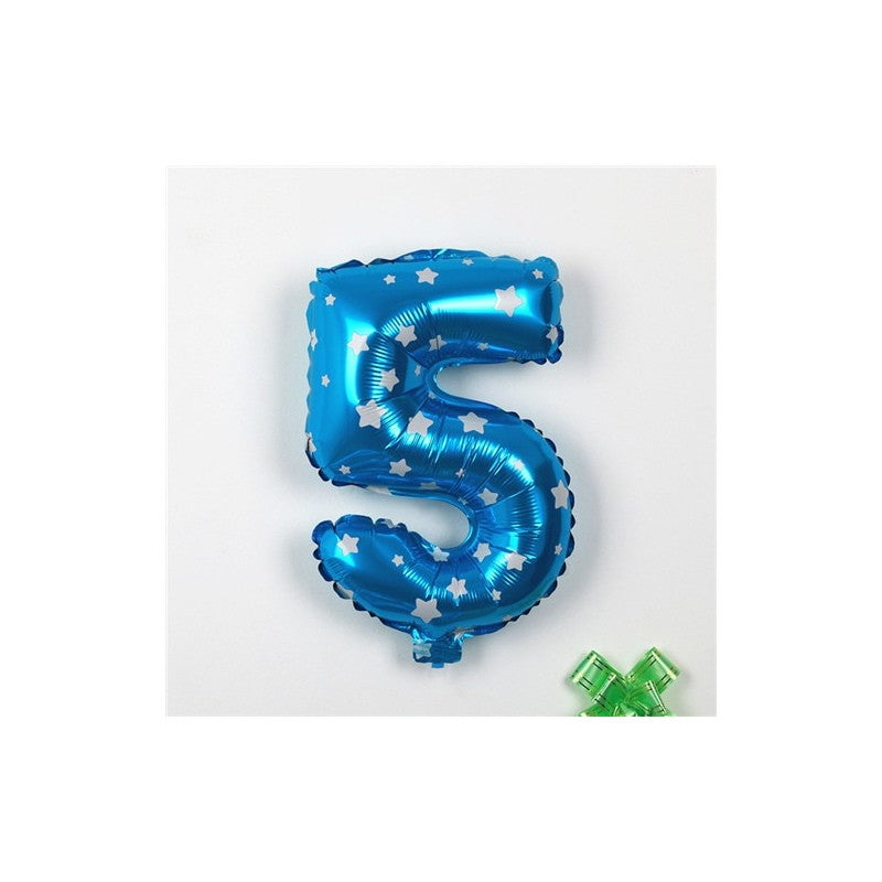 Balon din Folie Metalizata, Figurina Cifra, Imprimeu Stele, Tema Aniversare 80 cm, Ambalaj Individual, Pai inclus, Umflare cu Aer sau Heliu, Albastru, Cifra 5