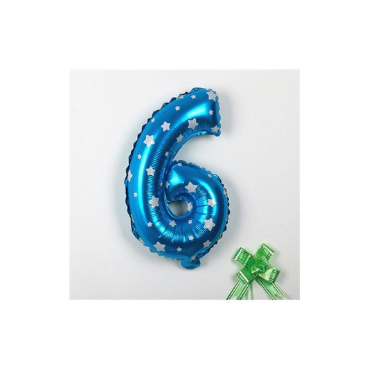 Balon din Folie Metalizata, Figurina Cifra, Imprimeu Stele, Tema Aniversare 80 cm, Ambalaj Individual, Pai inclus, Umflare cu Aer sau Heliu, Albastru, Cifra 6