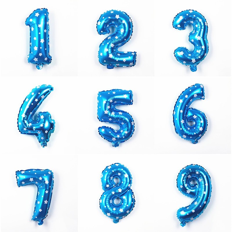 Balon din Folie Metalizata, Figurina Cifra, Imprimeu Stele, Tema Aniversare 80 cm, Ambalaj Individual, Pai inclus, Umflare cu Aer sau Heliu, Albastru, Cifra 6