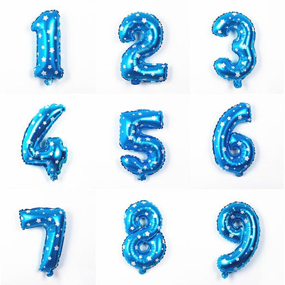 Balon din Folie Metalizata, Figurina Cifra, Imprimeu Stele, Tema Aniversare 80 cm, Ambalaj Individual, Pai inclus, Umflare cu Aer sau Heliu, Albastru, Cifra 6