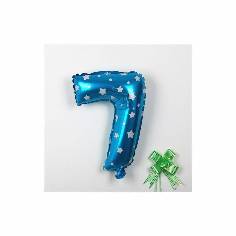 Balon din Folie Metalizata, Figurina Cifra, Imprimeu Stele, Tema Aniversare 80 cm, Ambalaj Individual, Pai inclus, Umflare cu Aer sau Heliu, Albastru, Cifra 7