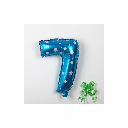 Balon din Folie Metalizata, Figurina Cifra, Imprimeu Stele, Tema Aniversare 80 cm, Ambalaj Individual, Pai inclus, Umflare cu Aer sau Heliu, Albastru, Cifra 7