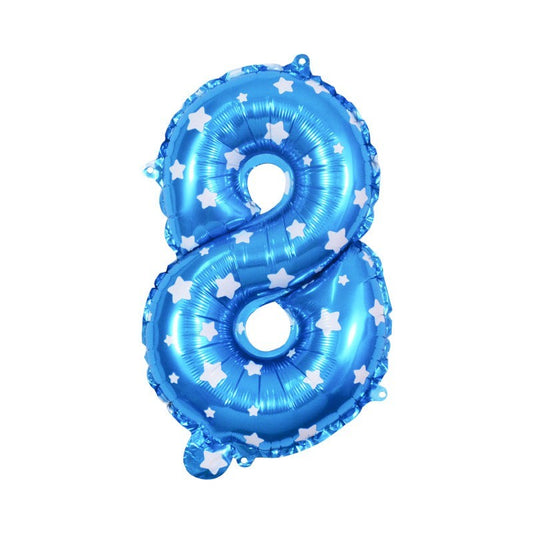 Balon din Folie Metalizata, Figurina Cifra, Imprimeu Stele, Tema Aniversare 80 cm, Ambalaj Individual, Pai inclus, Umflare cu Aer sau Heliu, Albastru, Cifra 8