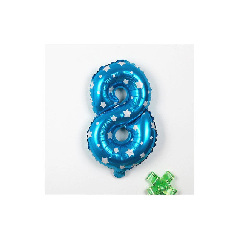 Balon din Folie Metalizata, Figurina Cifra, Imprimeu Stele, Tema Aniversare 80 cm, Ambalaj Individual, Pai inclus, Umflare cu Aer sau Heliu, Albastru, Cifra 8
