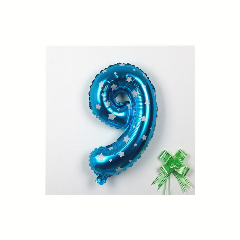 Balon din Folie Metalizata, Figurina Cifra, Imprimeu Stele, Tema Aniversare 80 cm, Ambalaj Individual, Pai inclus, Umflare cu Aer sau Heliu, Albastru, Cifra 9